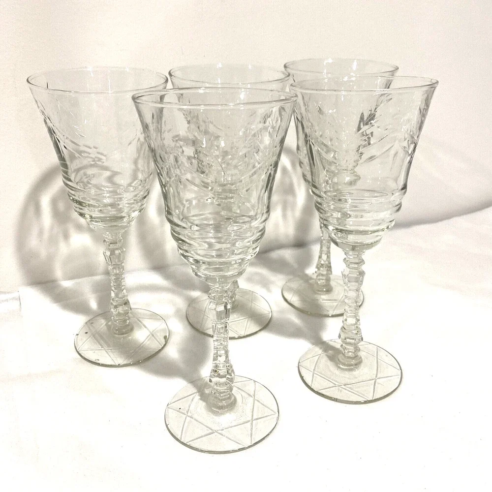 Libbey Rock Sharpe ARCTIC ROSE Goblets Water Glasses Set of 5 Clear etch crystal